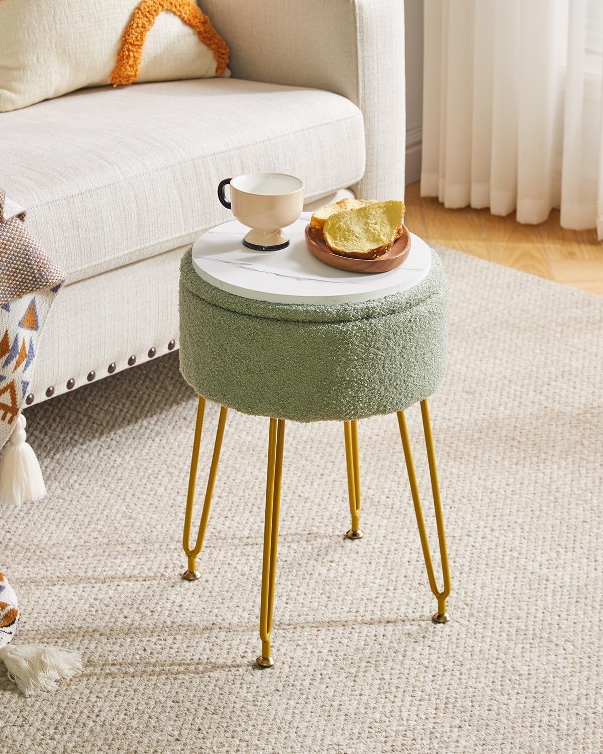 Light Green Teddy Velvet Storage Footrest Stool – Golden Leg Vanity Ottoman