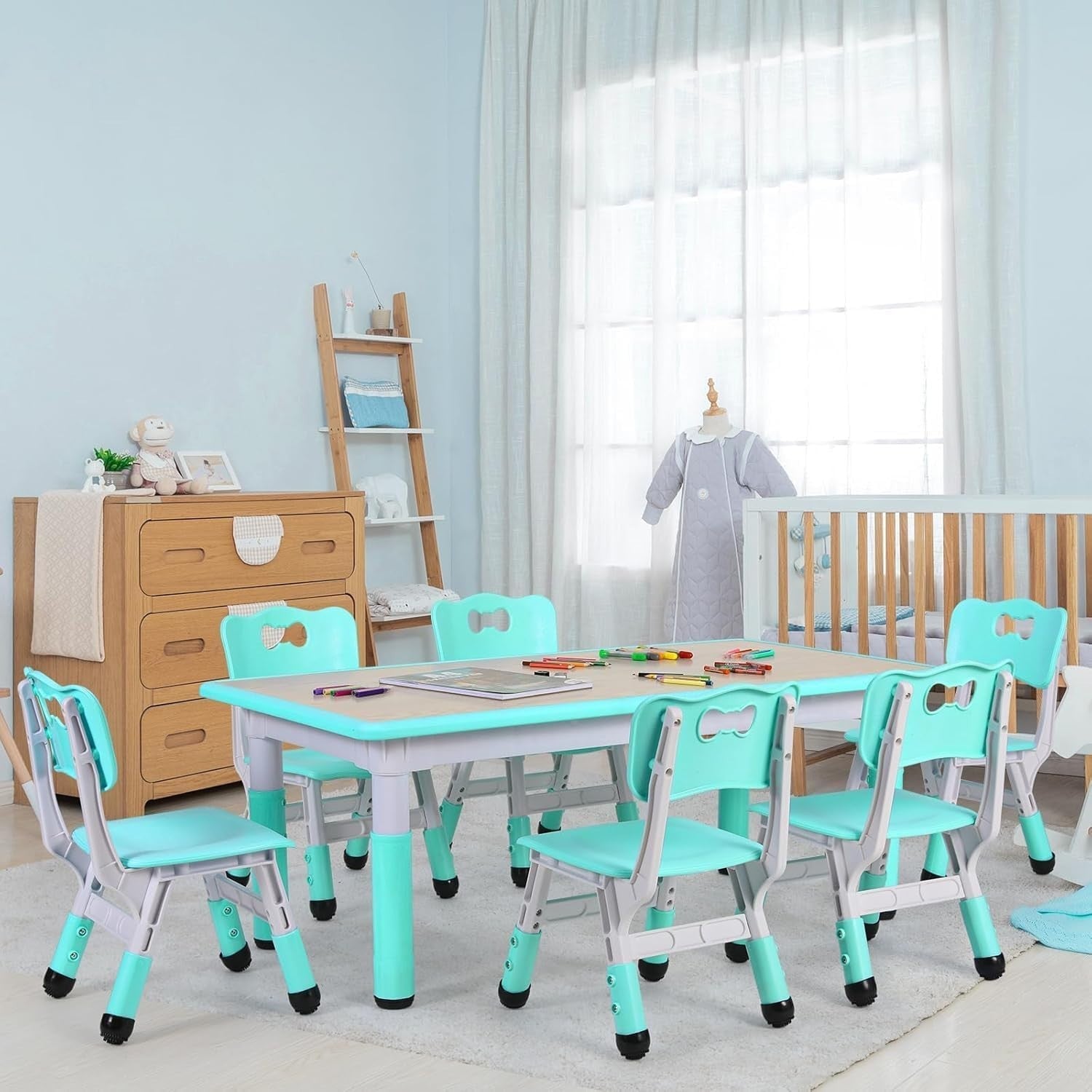 Adjustable Kids Table & 6 Chairs Set Durable Plastic Furniture Mint Green