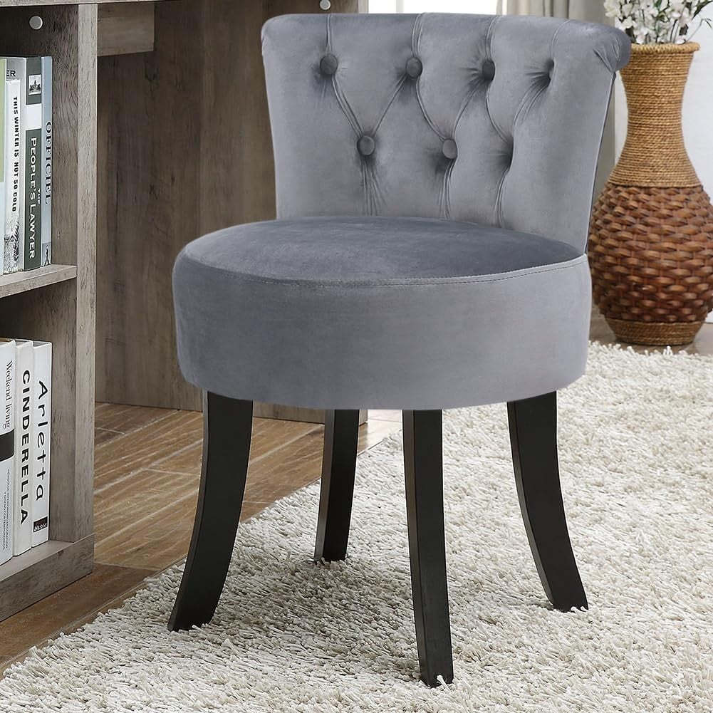 Grey Velvet Vanity Chair with Tufted Back and Wooden Legs – Comfy Makeup Seat