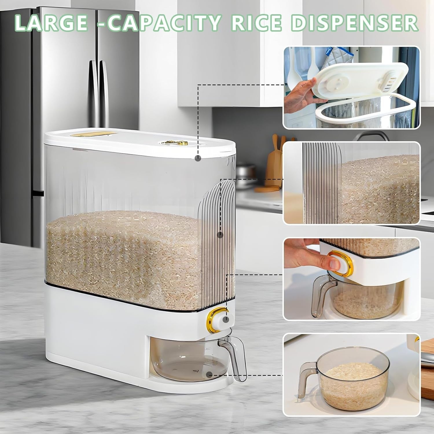 10KG Rice Storage Container Clear Grain Dispenser with Date Dial Cup