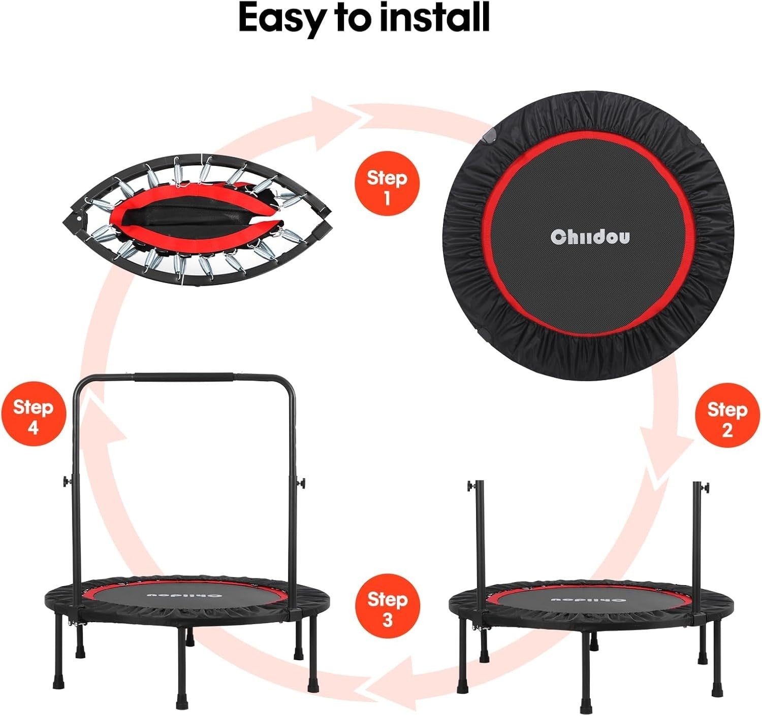 40'' Fitness Trampoline Foldable Rebounder Adjustable Handle Indoor Workout