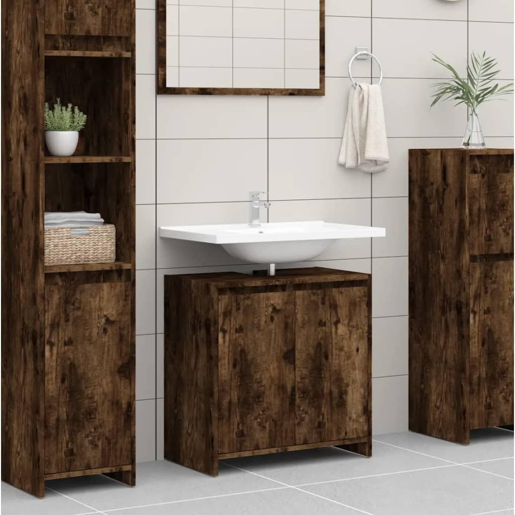 Rustic Oak Bathroom Sink Cabinet – 2 Door Under Sink Storage Unit 60x61cm