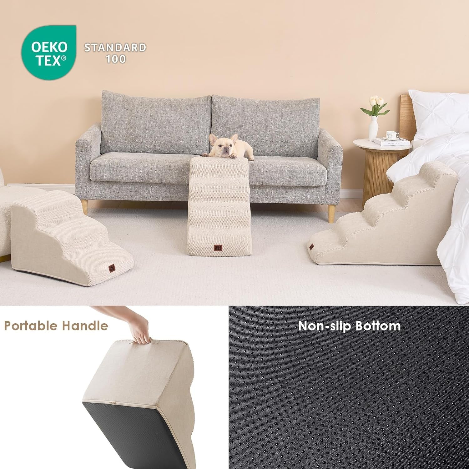 4 Step Dog Stairs for High Bed Non Slip Foam Pet Steps Washable Cream