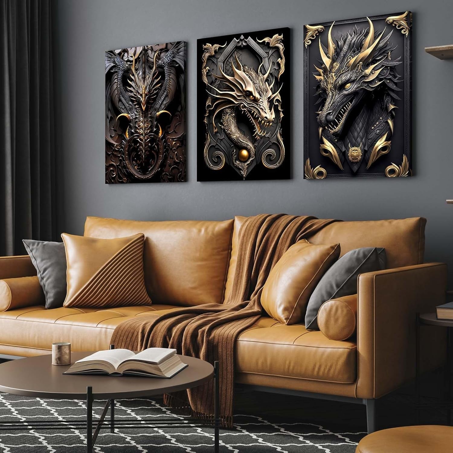 Set of 3 Dragon Canvas Wall Art 12x16 Framed Black Gold Fantasy Decor