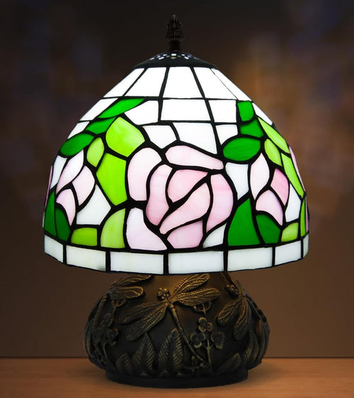 Stained Glass Desk Lamp 8x8x11in 3 Color Temps Pink Rose Resin Base