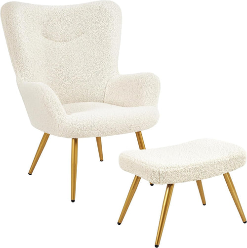 Sherpa Fuzzy Tub Chair with Ottoman, High Back Lounge Seat for Living Room