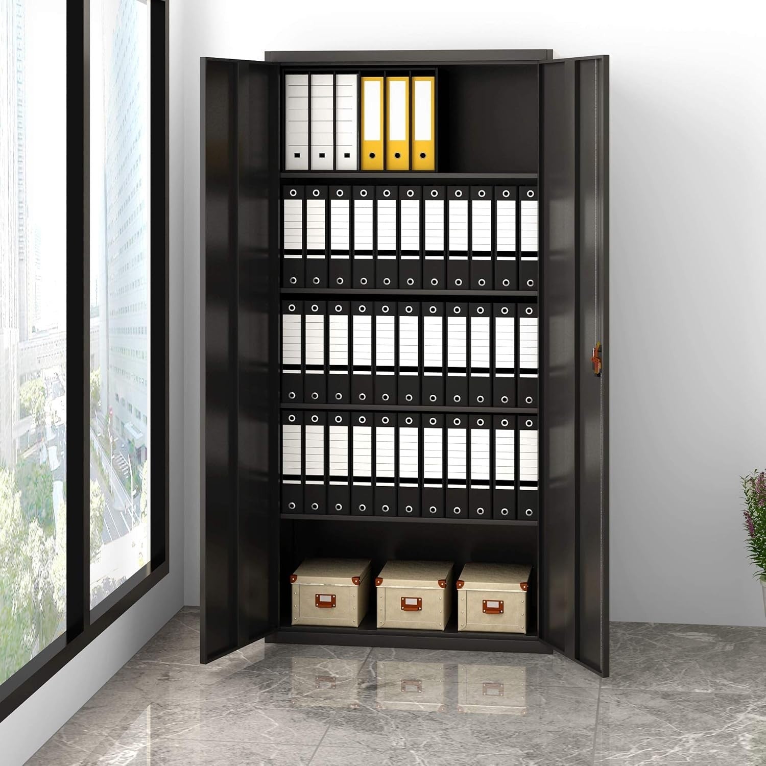 Tall Metal Locking Office Storage Cabinet 5 Tier Black Filing Cupboard 185cm
