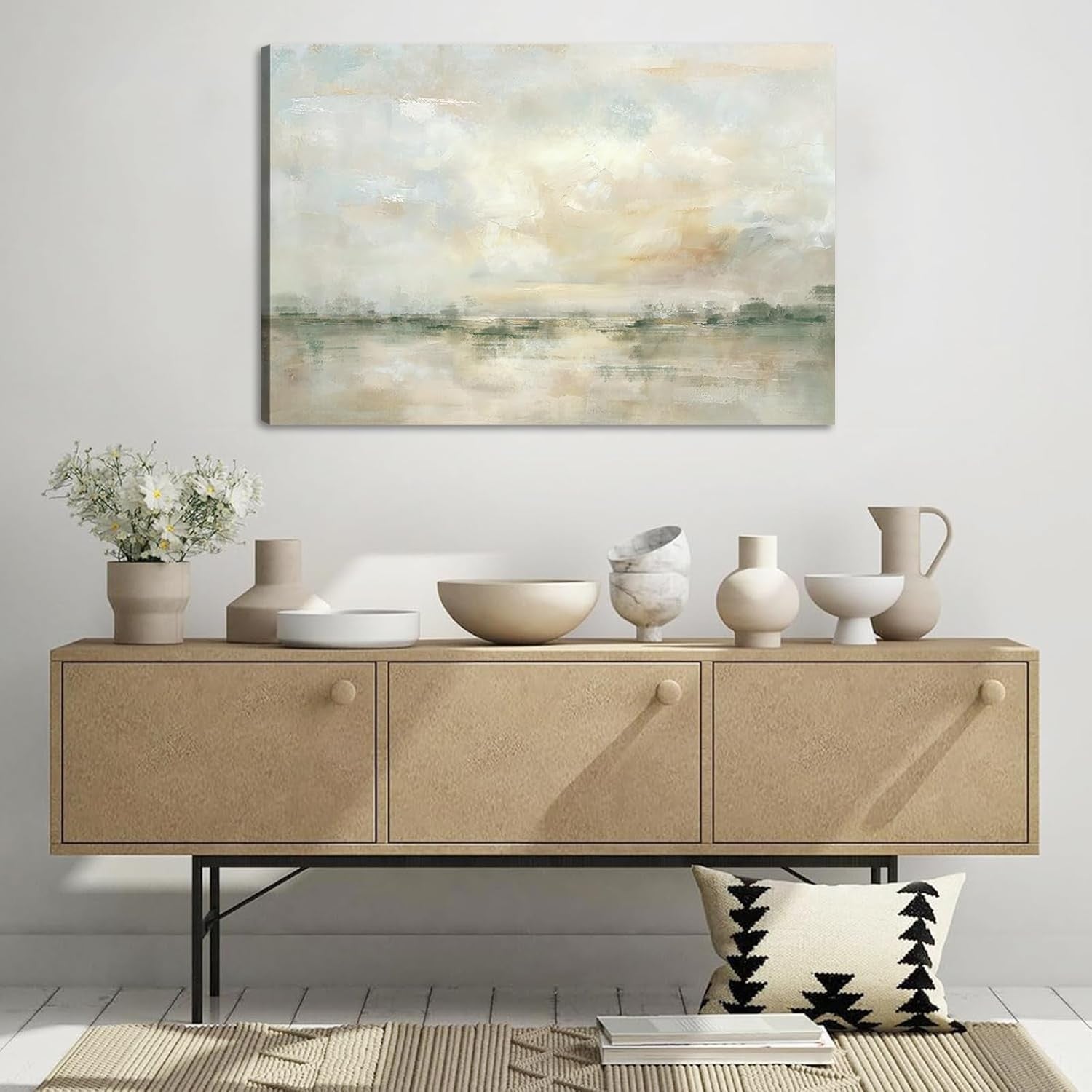 Abstract Neutral Canvas Wall Art Framed Modern Watercolor Landscape Decor