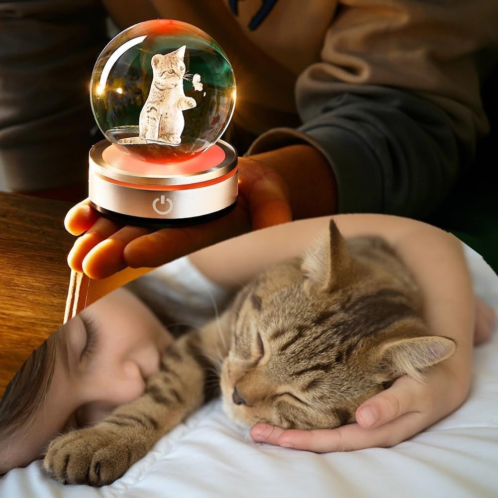 3D Cat Crystal Ball LED Light • Engraved Kitten with Butterfly Ornament