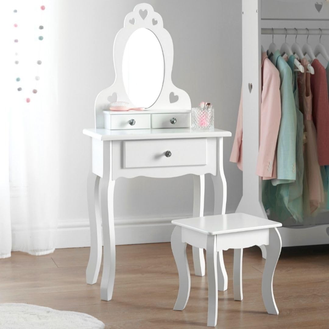 Kids White Wooden Dressing Table with Mirror & Stool Girls Vanity Set 3-7yrs