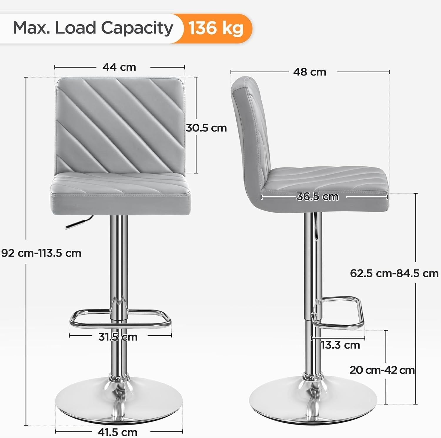 Light Grey Adjustable Swivel Bar Stools Set of 2 Faux Leather Chairs