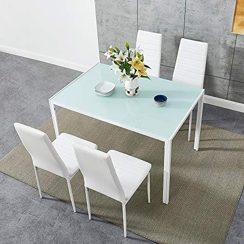 Rectangular Glass Dining Table Set 4 Chairs Modern White Faux Leather