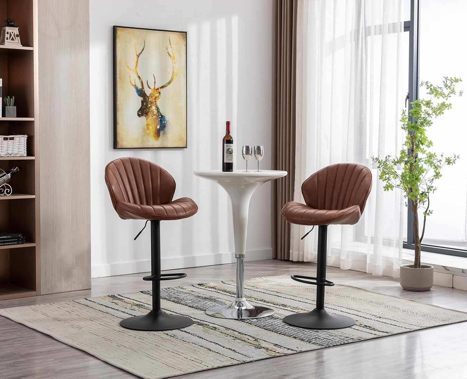 Brown PU Leather Swivel Bar Stools Set of 2 Adjustable Kitchen Counter Chairs
