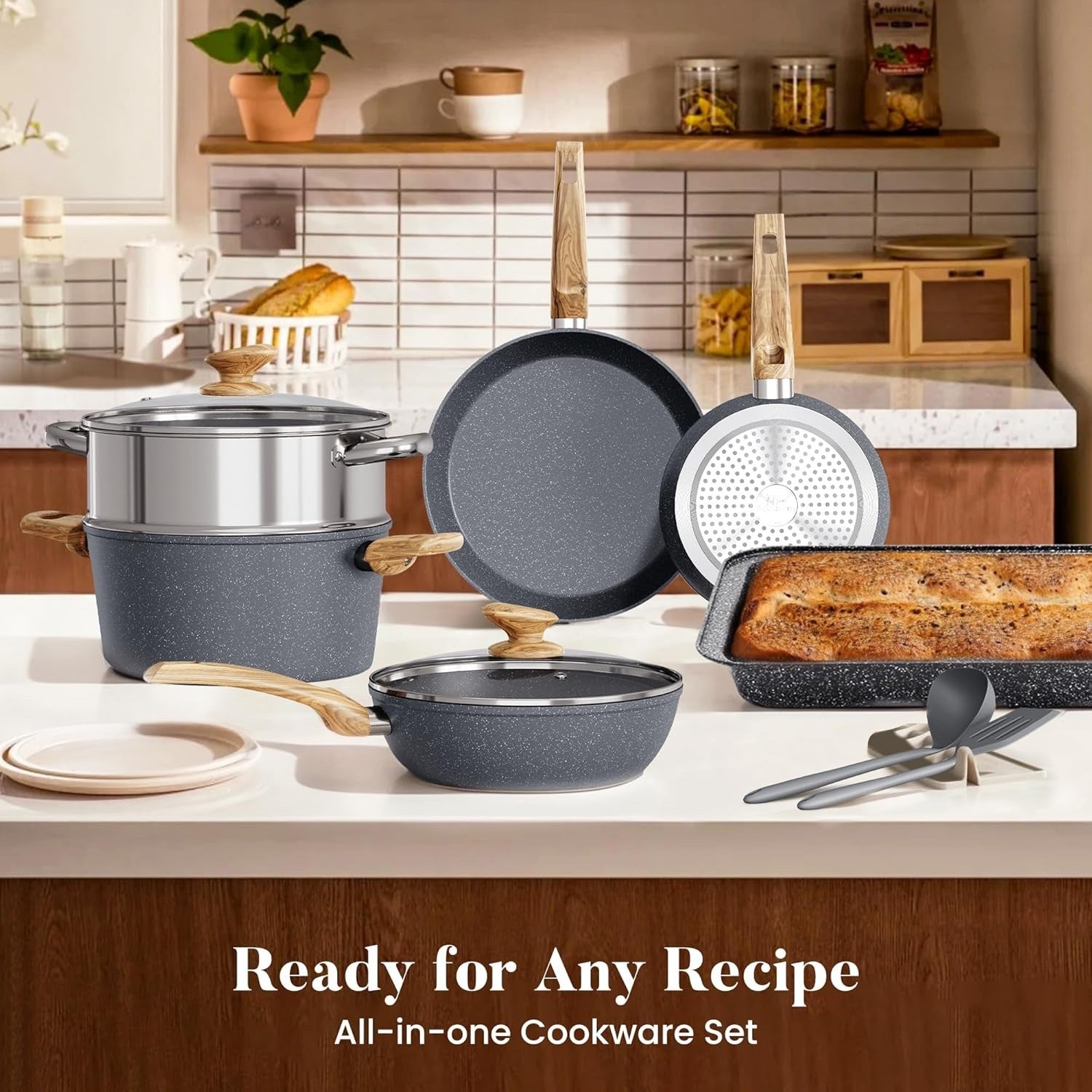 17pcs Grey Granite Induction Cookware Set Non Stick Pots & Pans Oven Safe