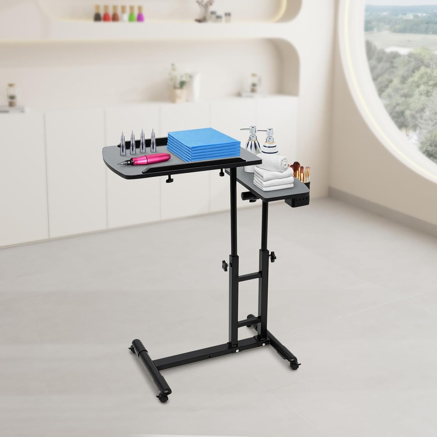 Tattoo Workstation Adjustable Dual Tray Rolling Stand Portable Studio