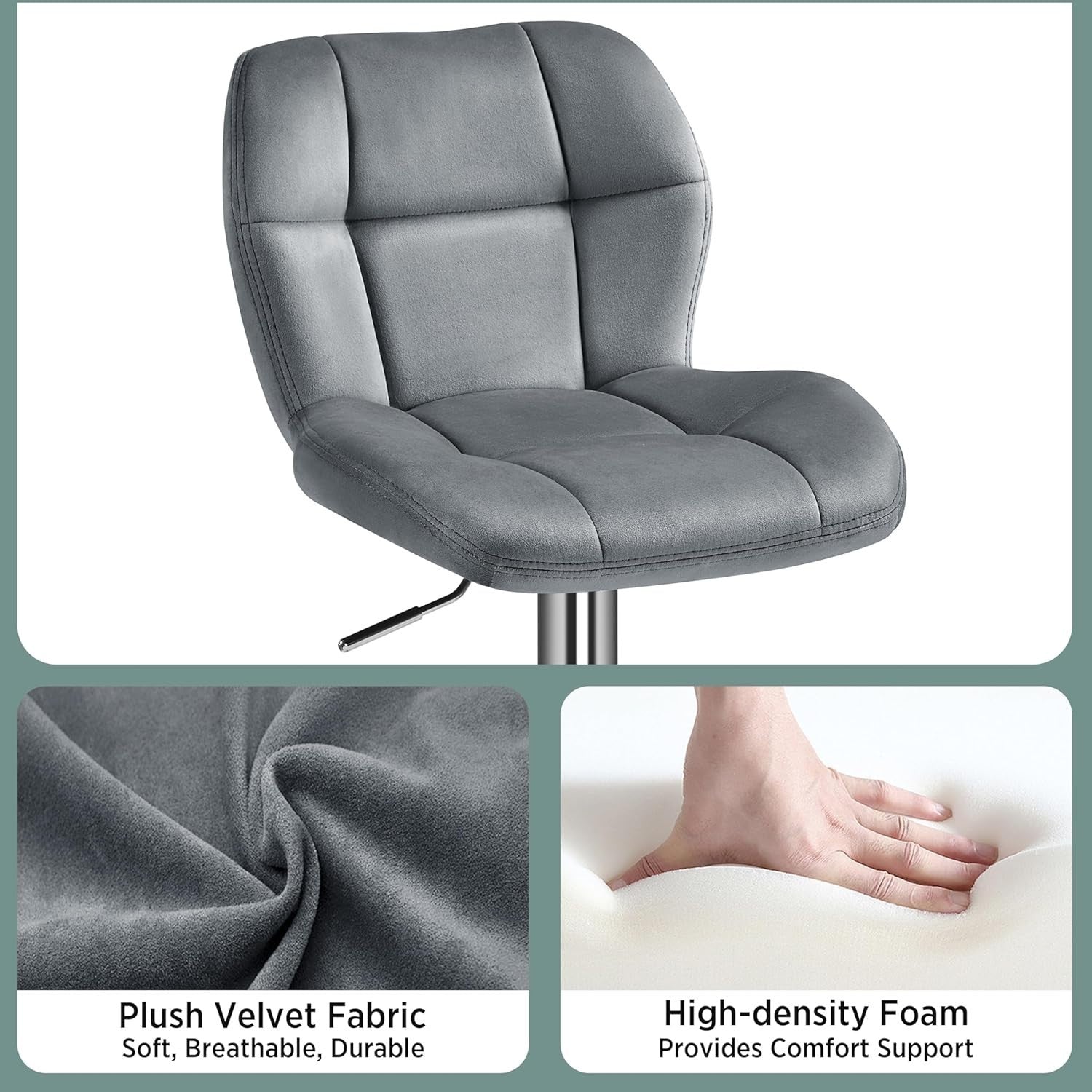 Adjustable Velvet Bar Stools Set of 4 Dark Grey Swivel Counter Chairs