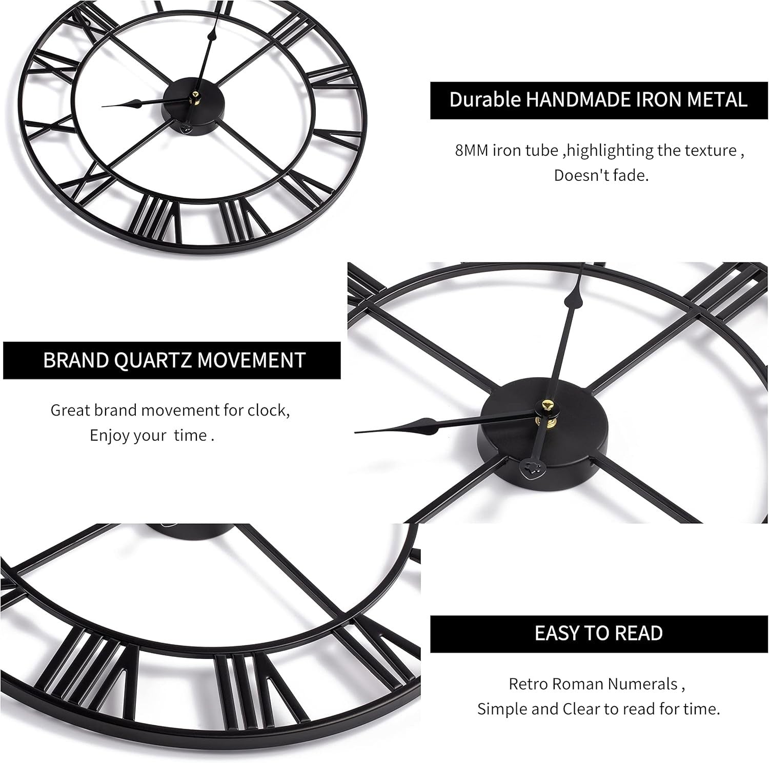 40cm Large Roman Numeral Wall Clock Black Metal Silent Quartz Modern Decor