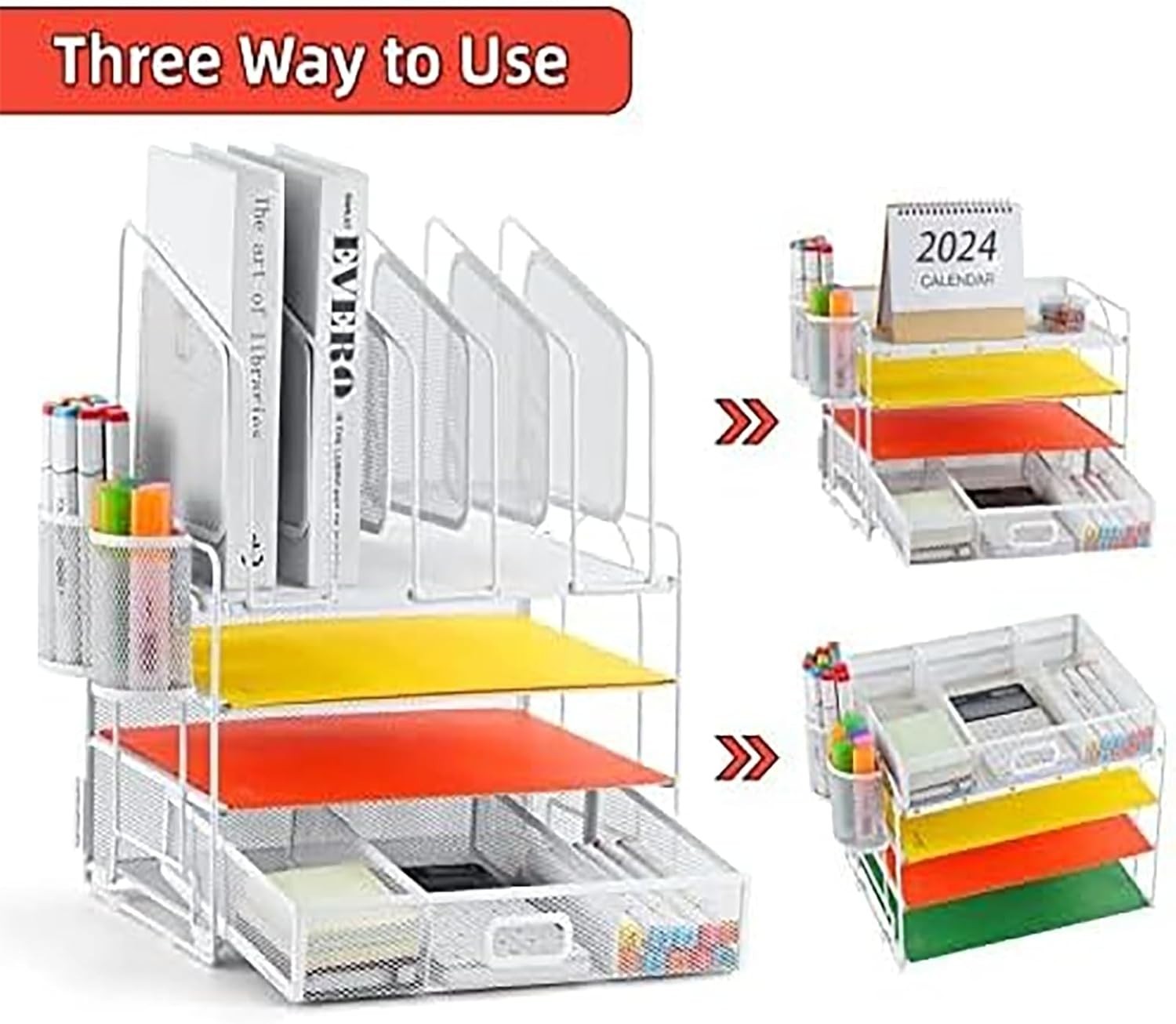 4-Tier Desk Organizer Tray with Drawer, 5 Vertical File and Pen Holders