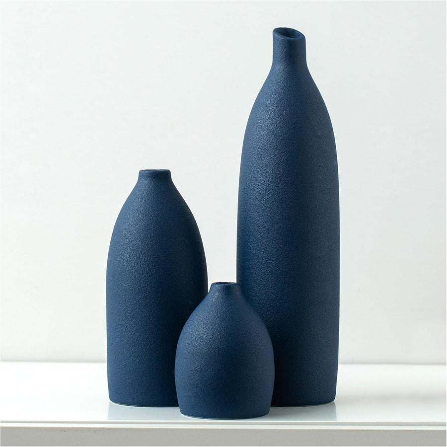 Matte Blue Ceramic Vase Set Modern Coastal Home Décor Table Shelf Display