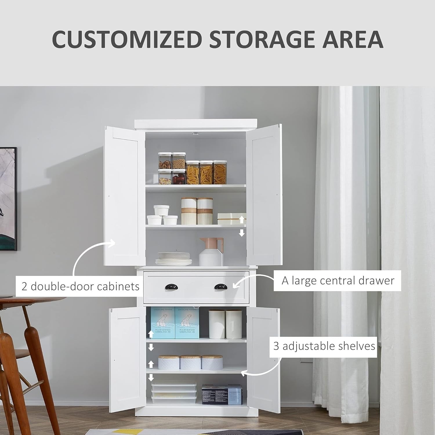 White Tall Kitchen Cupboard 184cm Pantry Storage Cabinet Shelves Drawer
