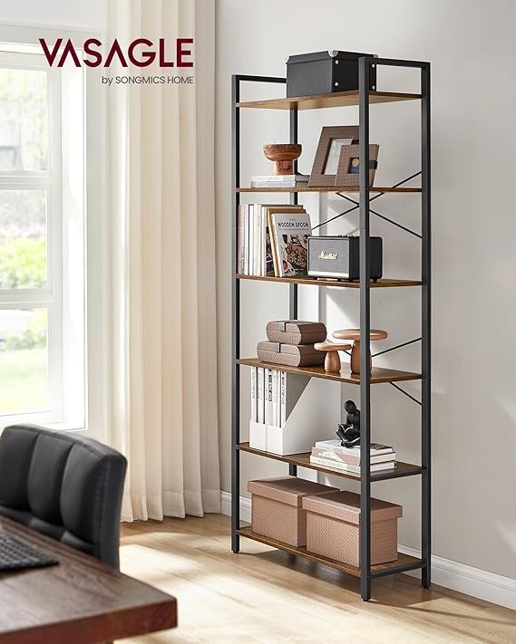 6-Tier Industrial Bookshelf Wide Rustic Brown Metal Wood Storage Unit