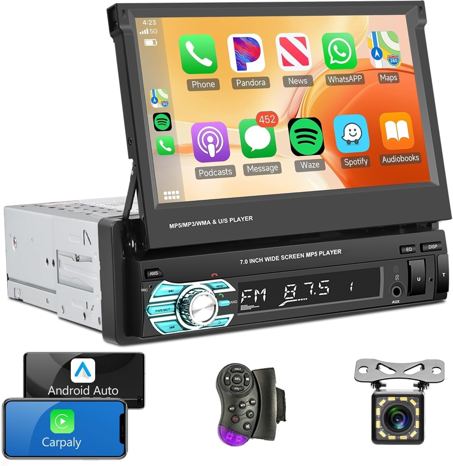 7" Single Din Car Stereo Wired CarPlay Android Auto Bluetooth FM