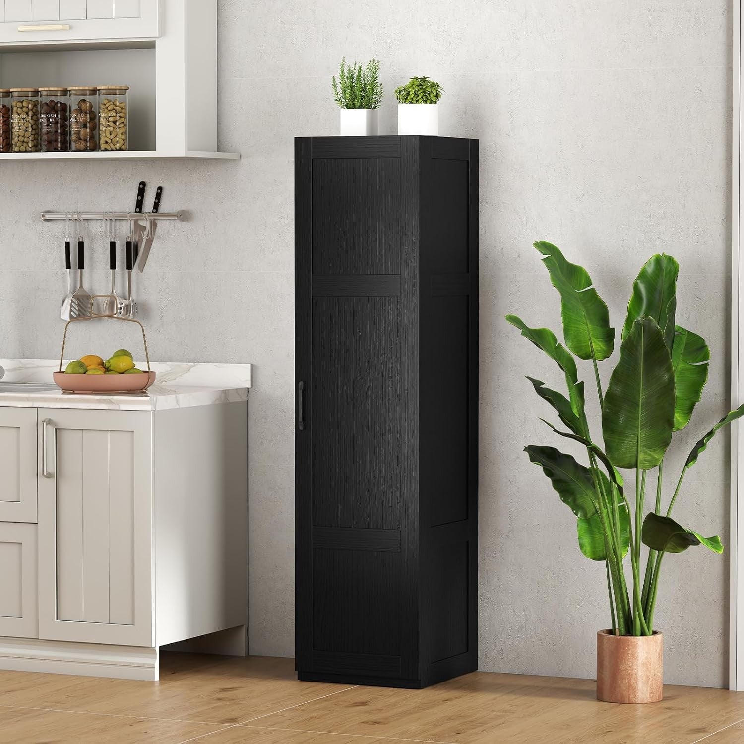 Tall Black Kitchen Cupboard 4 Tier Wooden Pantry Storage Cabinet Organizer
