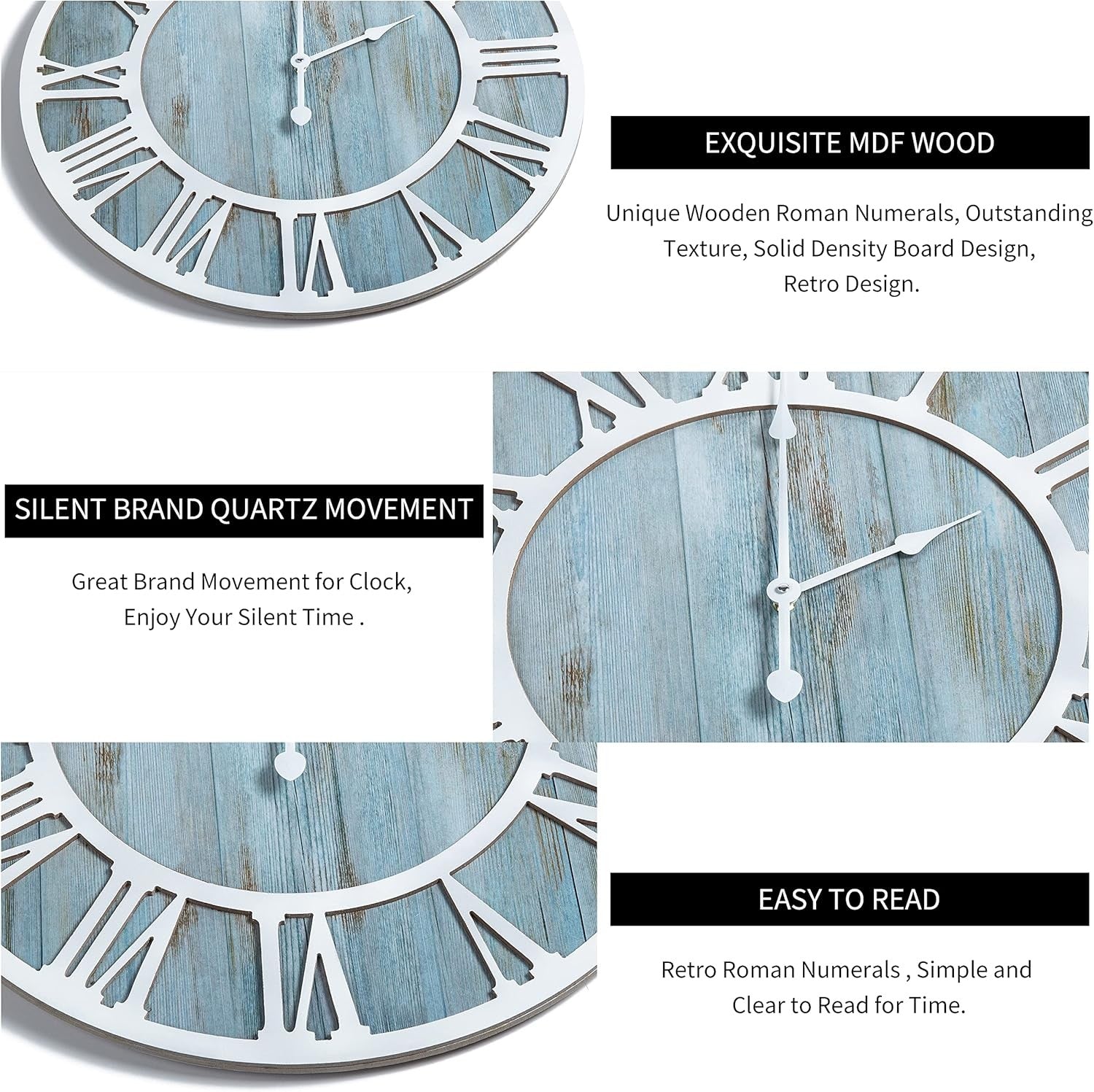 16" Rustic Blue Wood Wall Clock Silent Non-Ticking Round Roman Numeral Decor