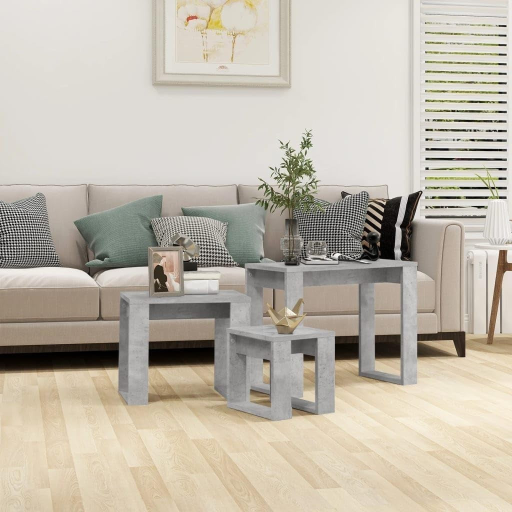 Space Saving Nesting End Side Coffee Tables Set Concrete Grey Engineered Wood
