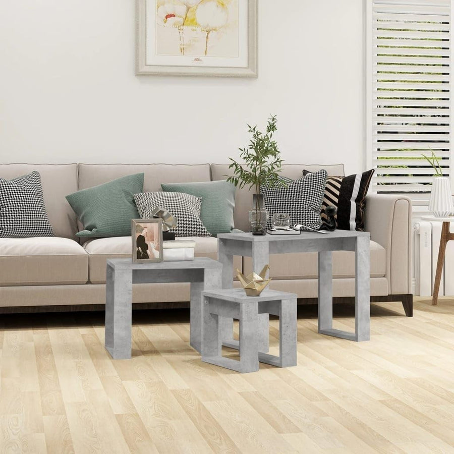 Space Saving Nesting End Side Coffee Tables Set Concrete Grey Engineered Wood