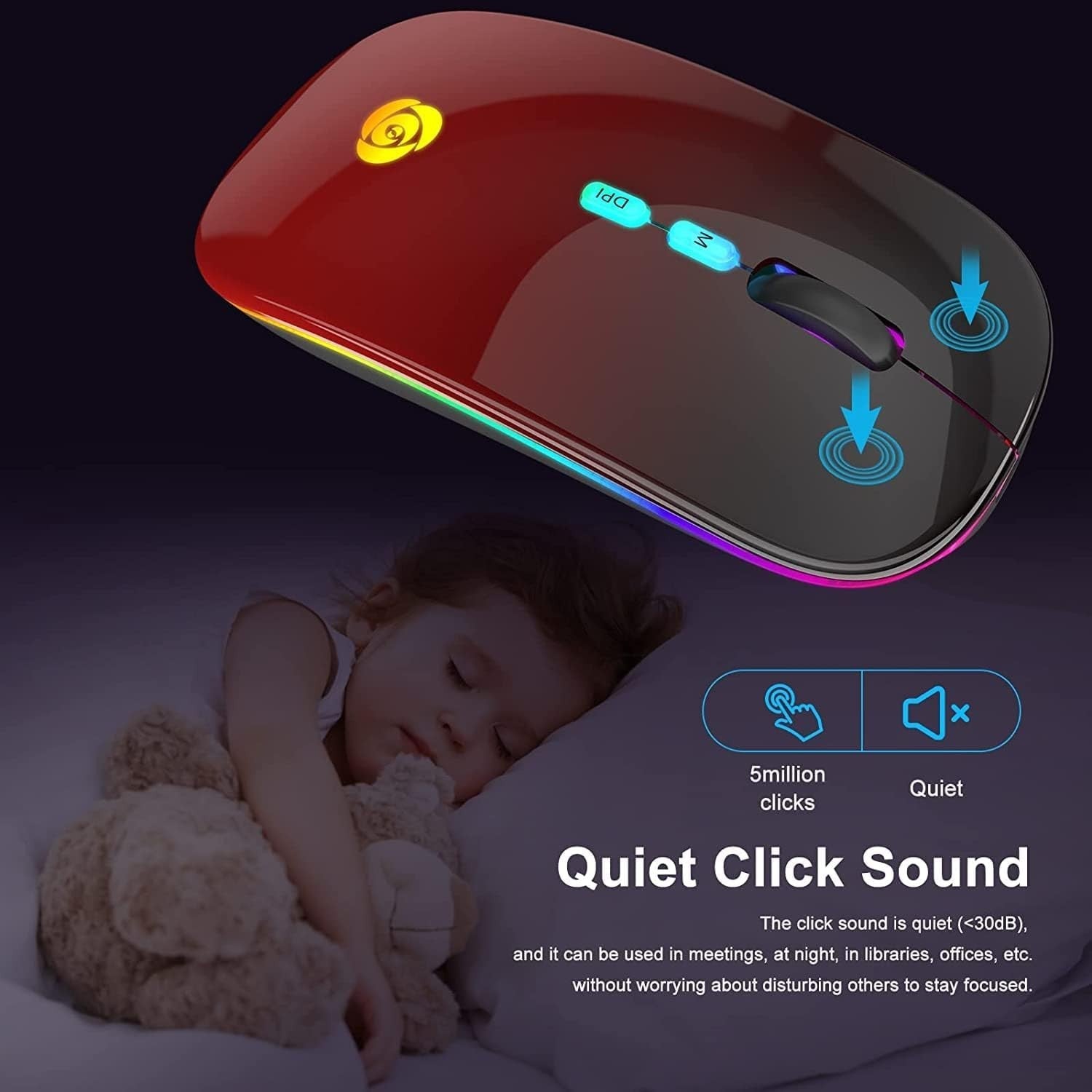 Wireless Bluetooth Mouse Rechargeable Silent RGB Type-C Red