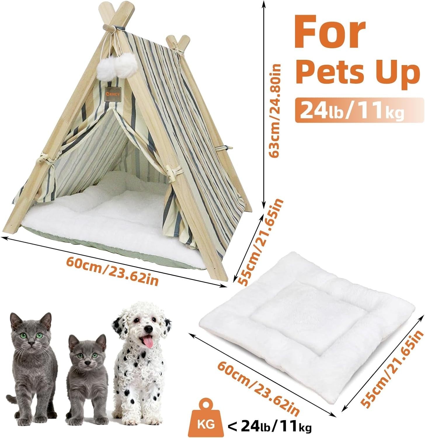 Wooden Pet Teepee Tent Cat Dog House w Cushion Indoor Shelter Striped