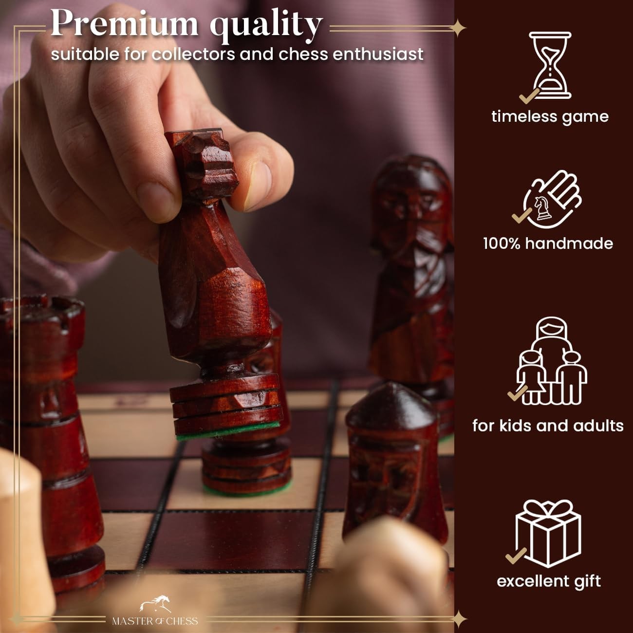 50cm Luxury Inlaid Wooden Chess Set – Handcrafted Folding Board & Tall Weighted