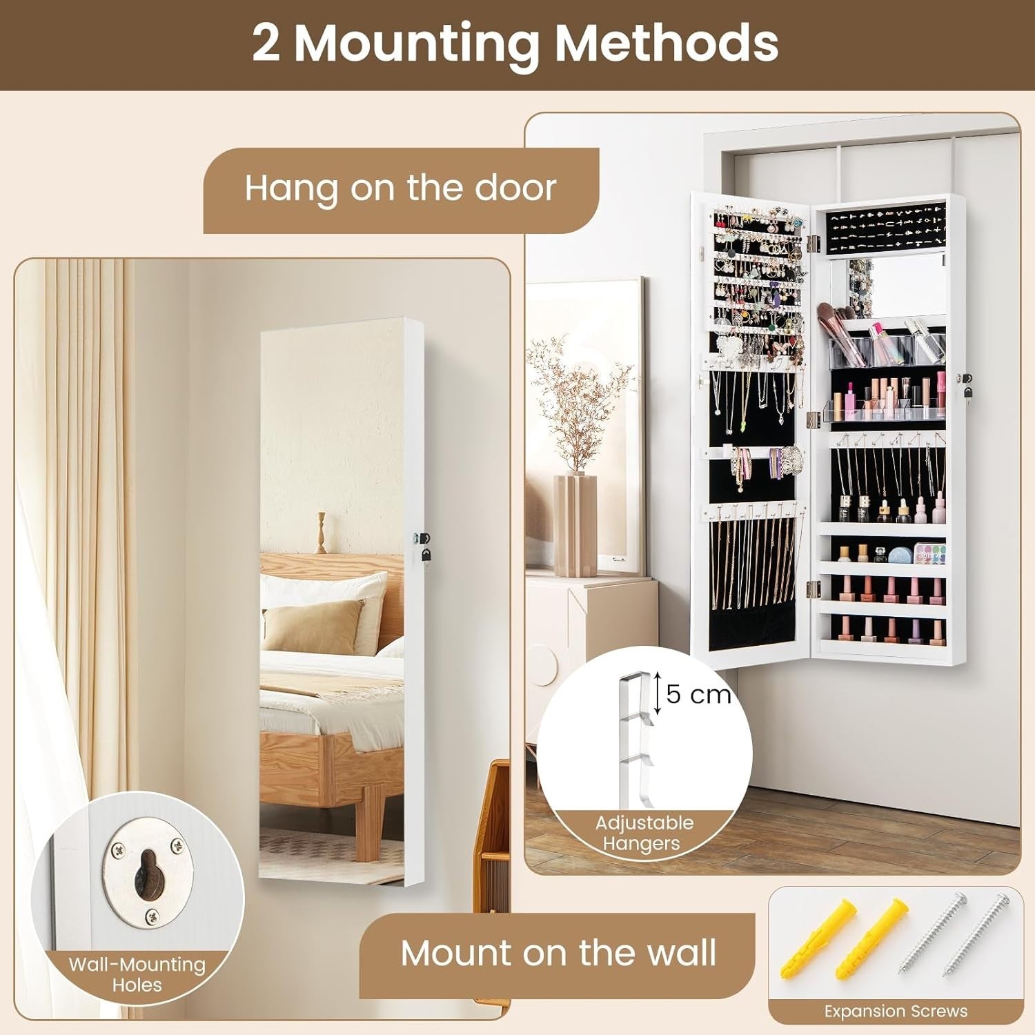 Wall Door Mounted Jewelry Armoire Lockable Full Length Mirror White