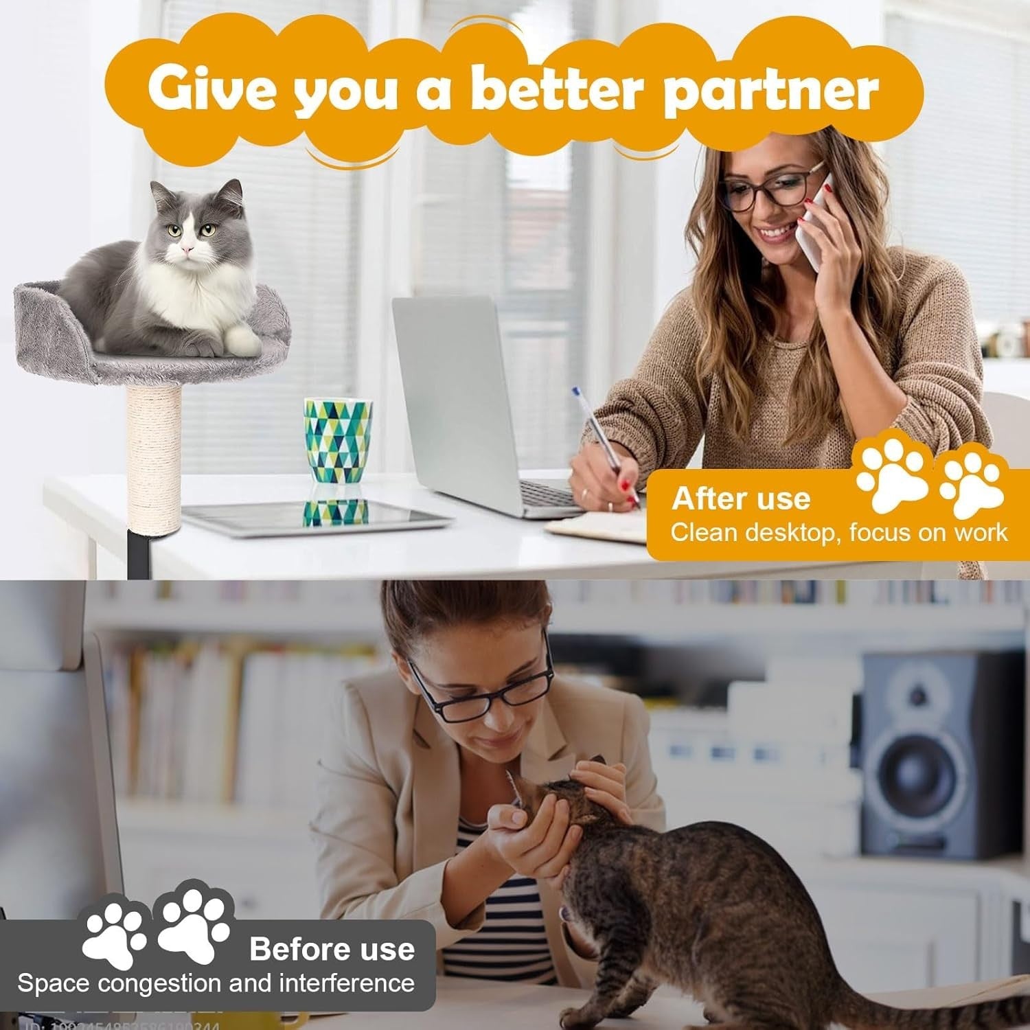 Desk Cat Bed with Scratching Post Plush Cat Hammock Desktop Perch