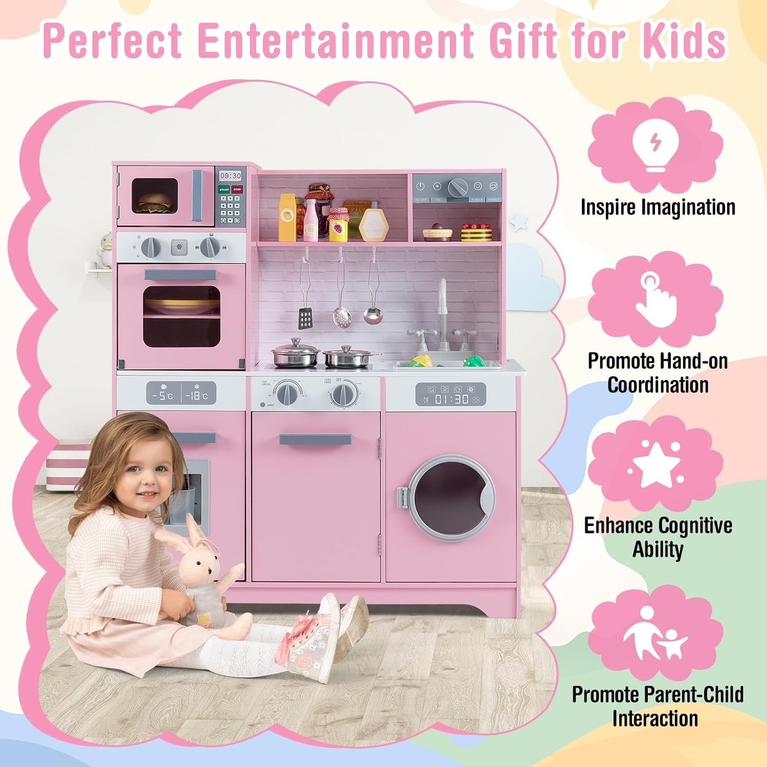Pink Kids Wooden Play Kitchen Lights Sounds Washer Coffee Toy