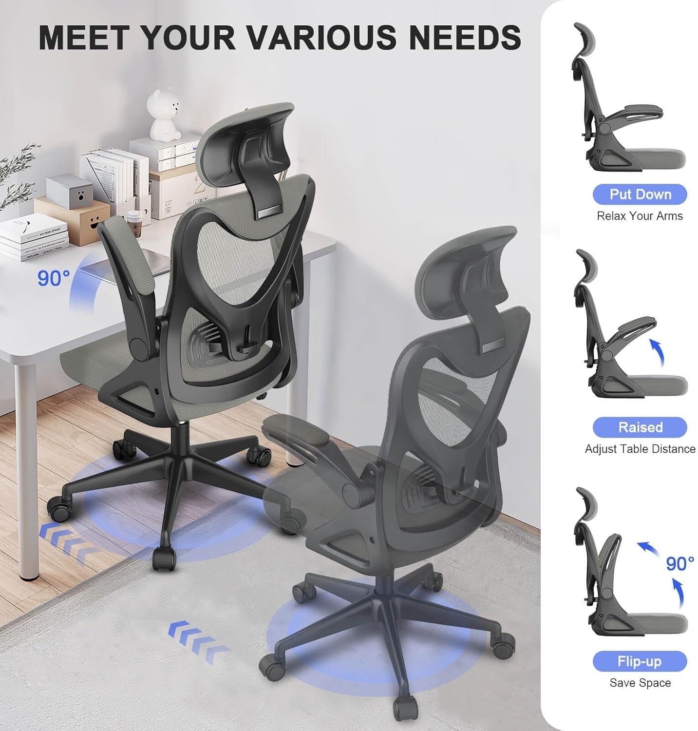 Ergonomic High Back Mesh Office Chair Adjustable Lumbar Headrest Flip-Up Arms