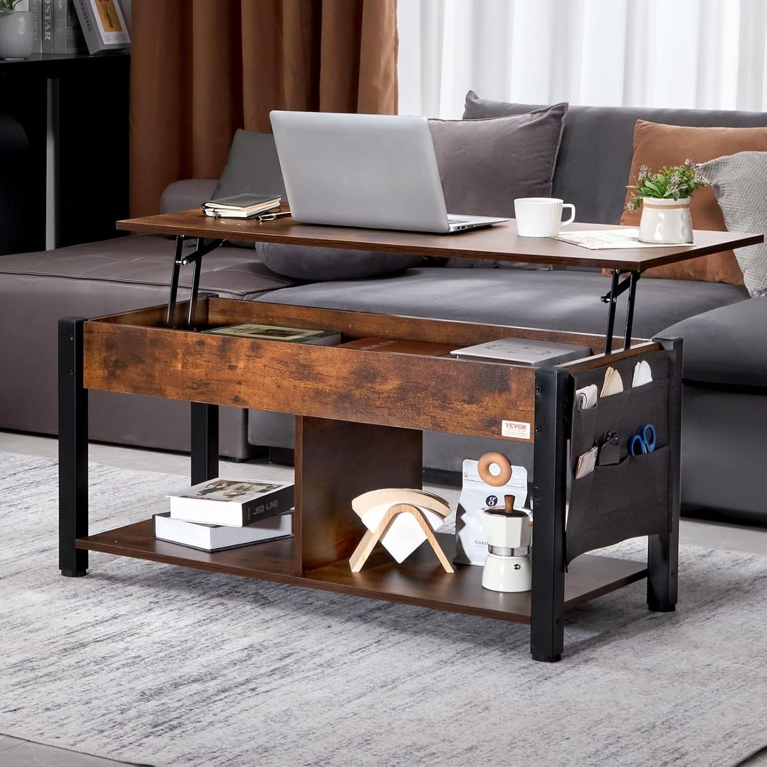 Lift Top Coffee Table with Storage, Adjustable Pop-Up Wood Table 106cm