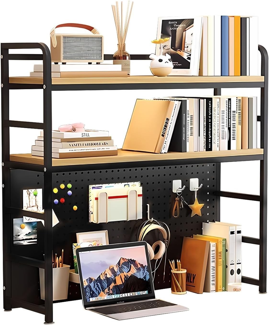 Desktop Hutch Shelf 2-Tier Metal/MDF Desk Organizer Bookcase Rack 70cm Black
