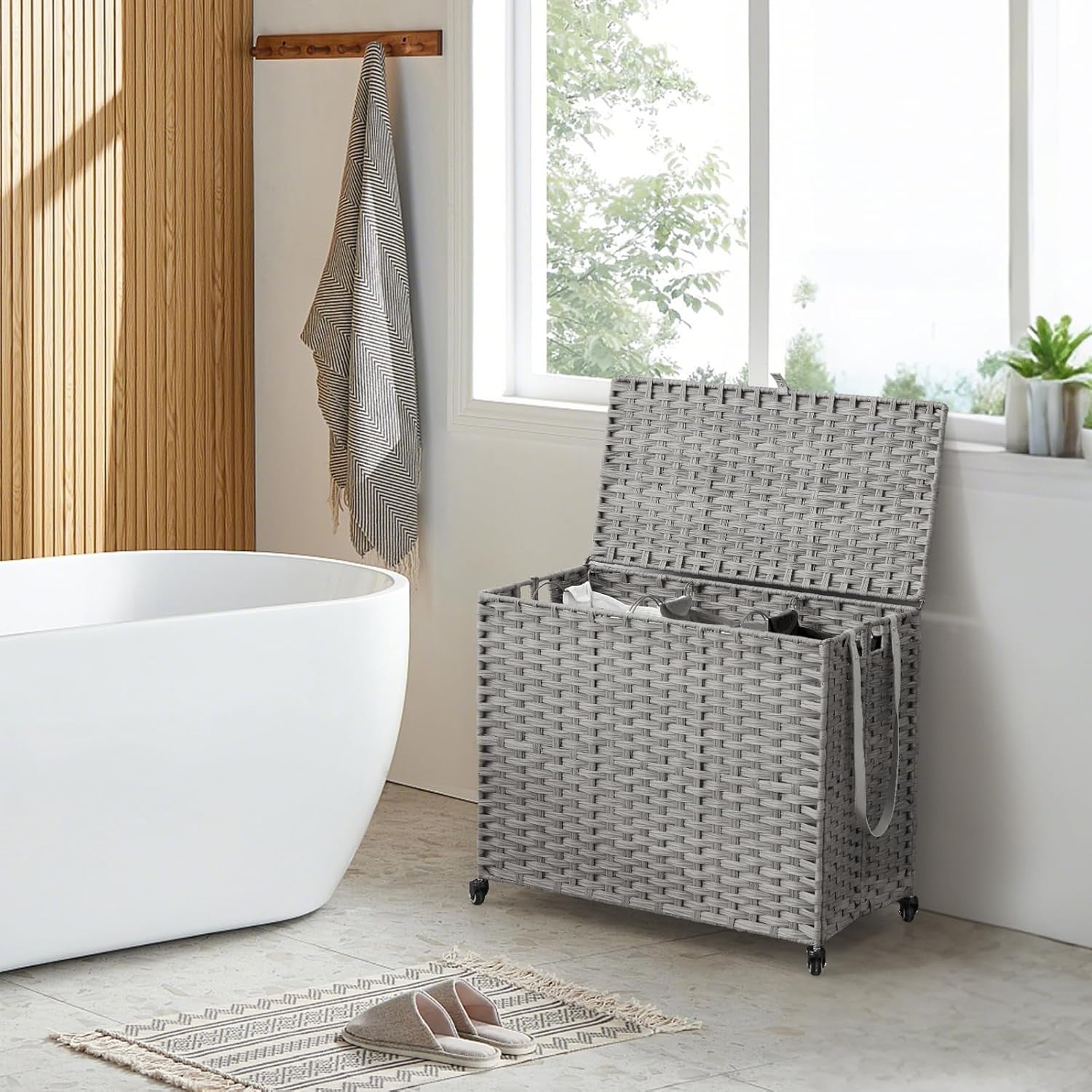 200L Rolling Wicker Laundry Hamper with Lid | 3 Removable Bags & Side Pocket | L