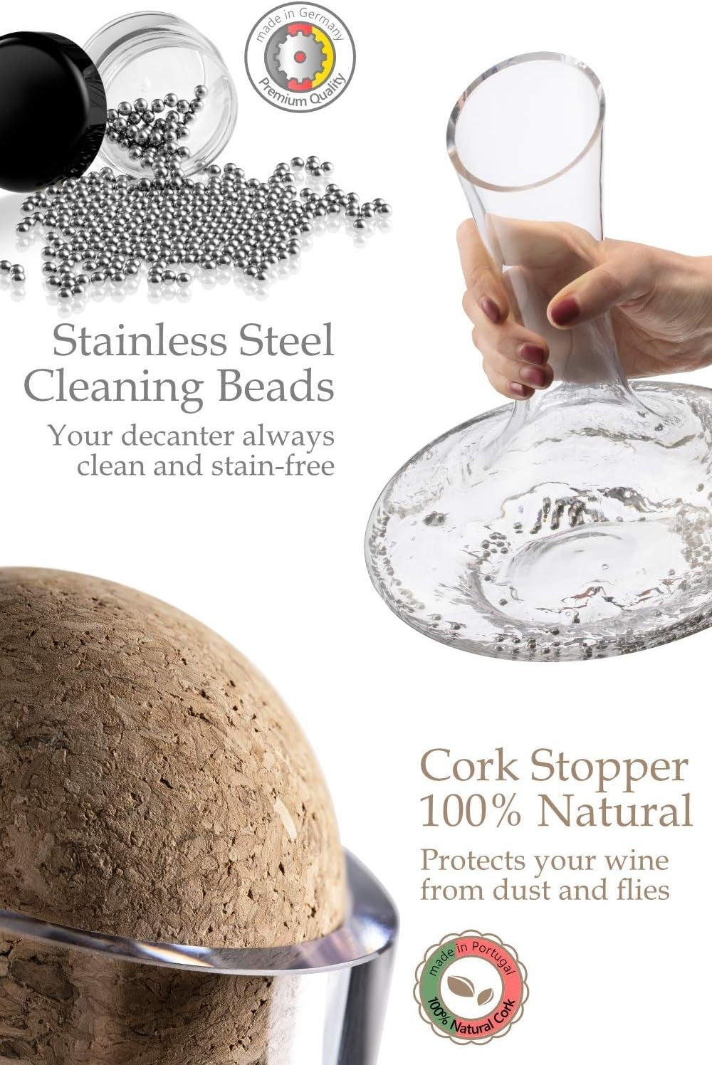 Crystal Wine Decanter 1L Lead-Free with Stopper, Cleaning Beads & Coasters