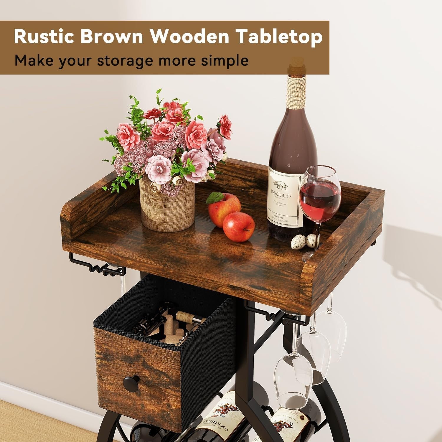 Freestanding Wine Rack Bar Cabinet 15 Bottle Storage with Glass Holder & Drawer