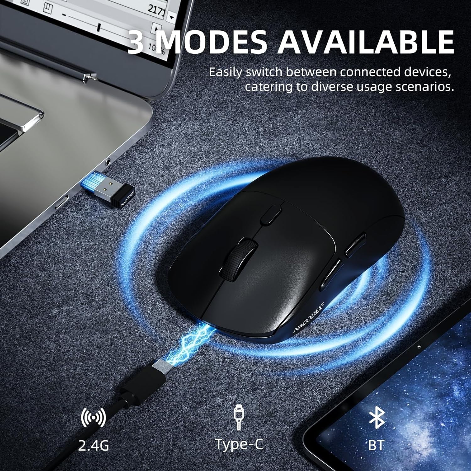 Wireless Gaming Mouse 12800 DPI Superlight 67g BT 2.4G USB-C