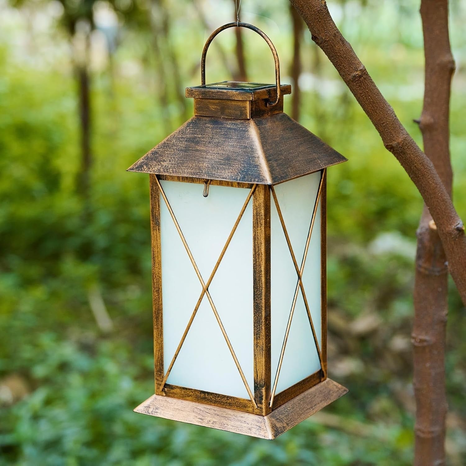 2-Pack Solar Lanterns Flickering Flame 13" Glass Metal Outdoor Lights