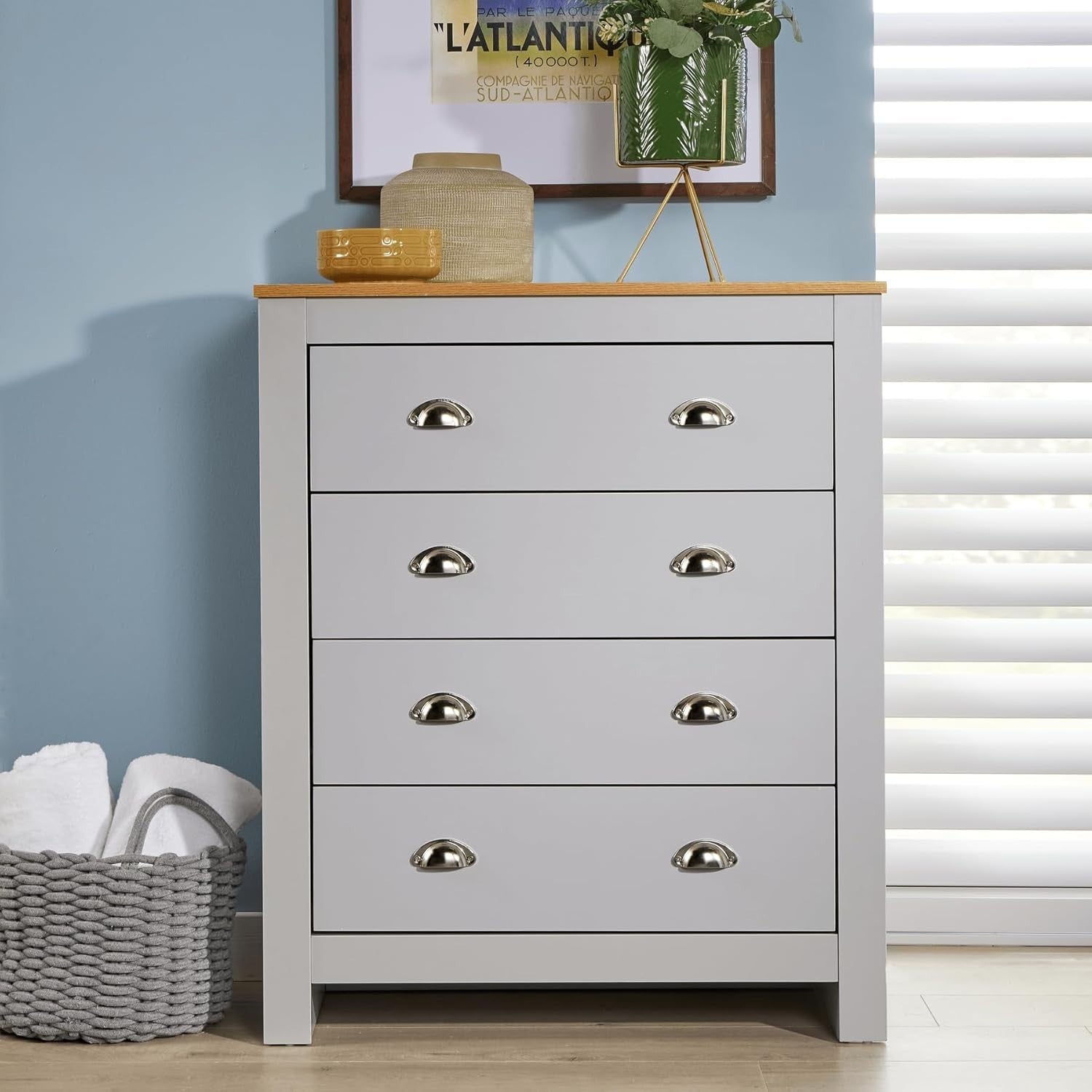 Grey 4 Drawer Chest of Drawers Oak Top Storage Unit Bedroom Cabinet