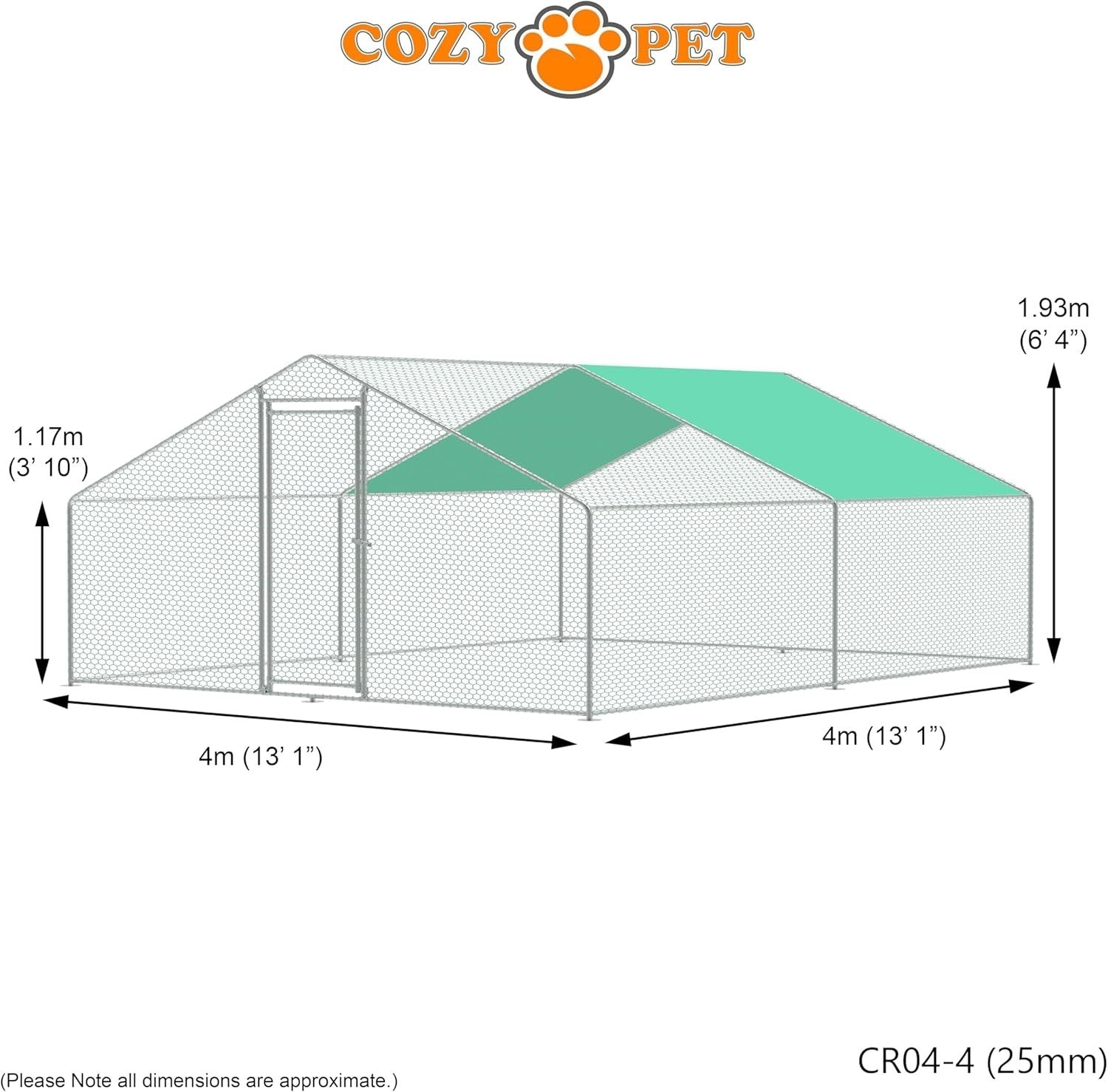 4x4m Walk In Chicken Run 25mm Steel Heavy Duty Coop