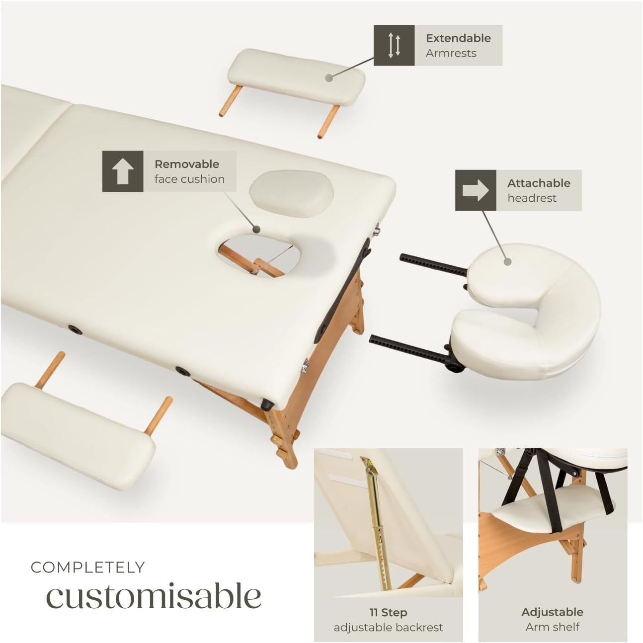 Portable 3 Zone Massage Table Foldable Therapy Beauty Bed 61cm Adjustable Beige
