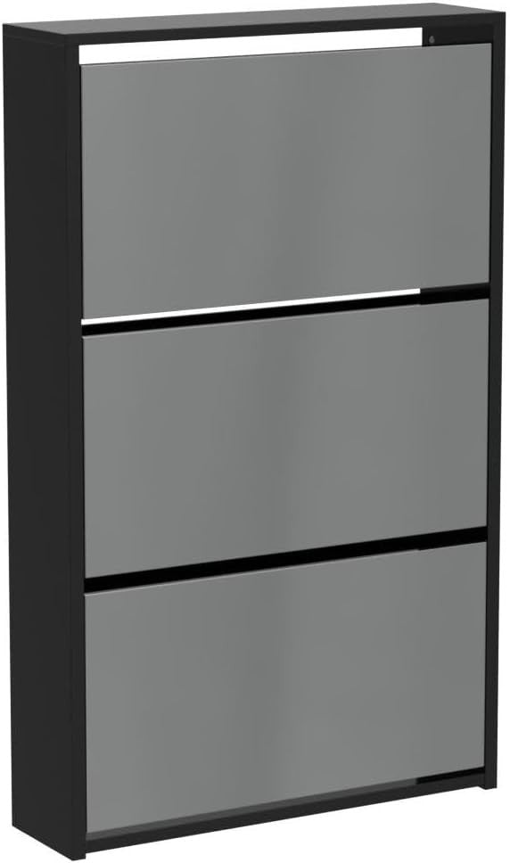 Mirrored 3-Drawer Shoe Cabinet Hallway Storage Unit 62x16.5x100cm Black