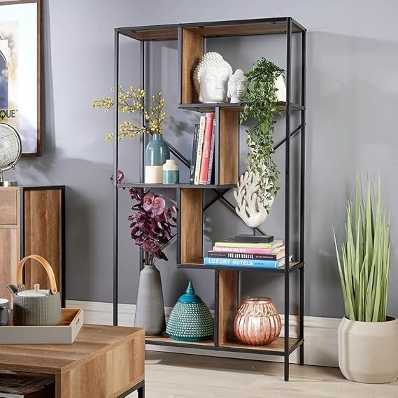 Large Open Shelving Display Unit Weathered Oak Effect Storage Rack Metal Frame