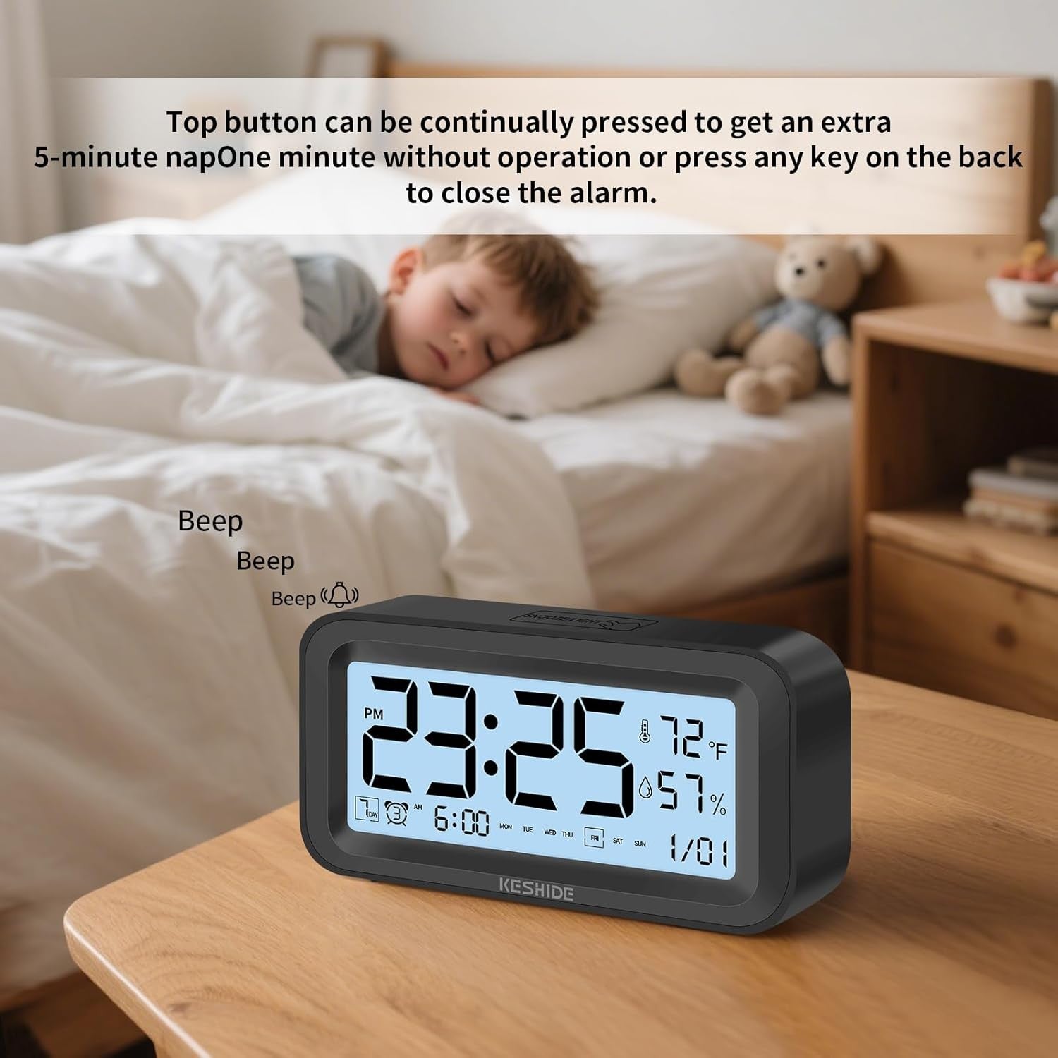 Night Light Digital Alarm Clock Large Display Temp Humidity Snooze Bedroom